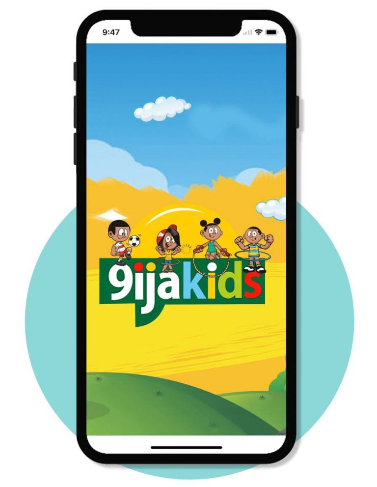 Phone illustration of the 9ijakids educational games for kids on a mobile phone